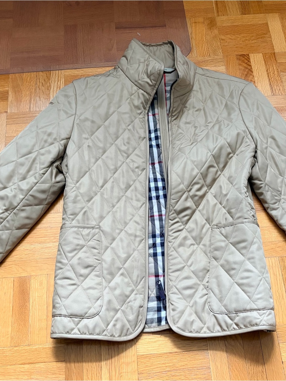 Burberry Quilted Tan Women's Puffer Jacket with Plaid Lining